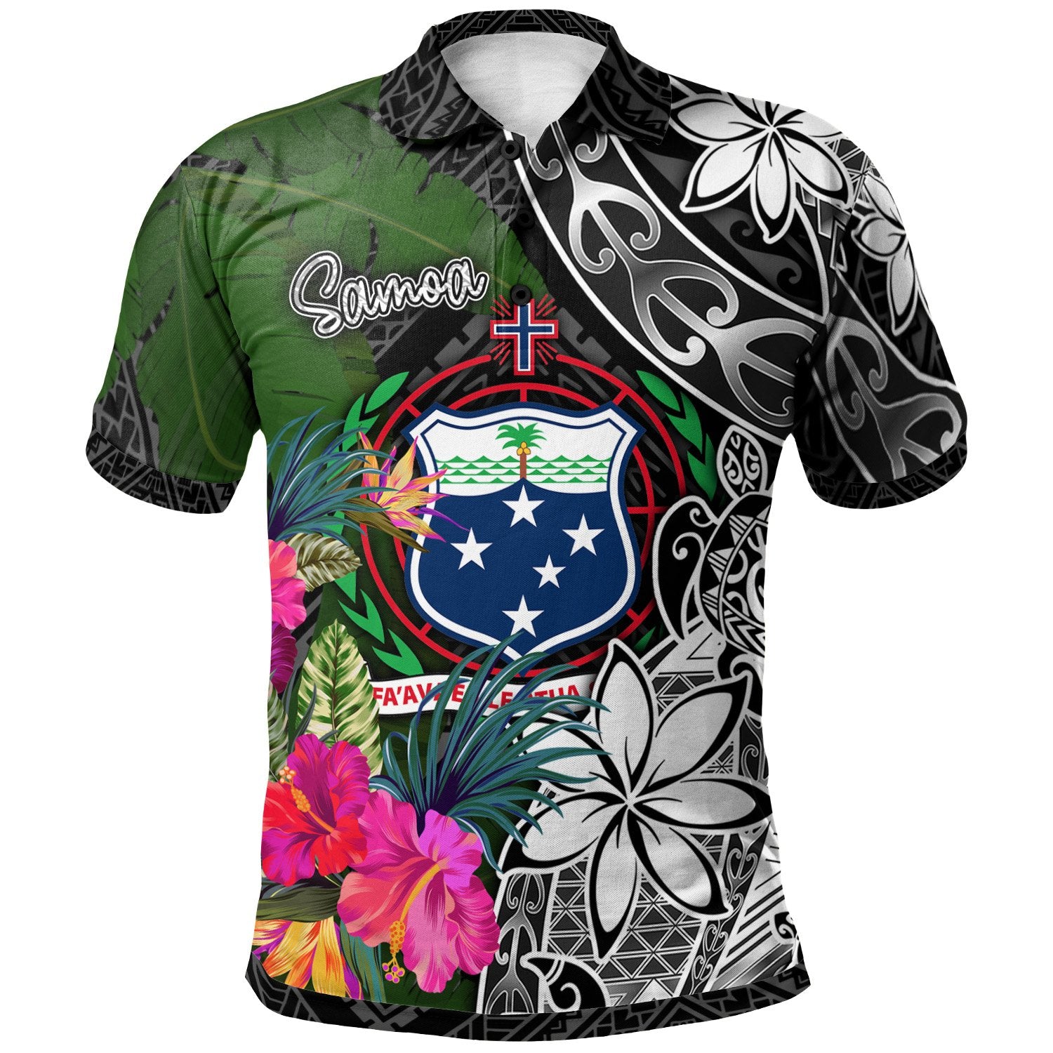 Samoa Polo Shirt Turtle Plumeria Banana Leaf Unisex Black - Polynesian Pride