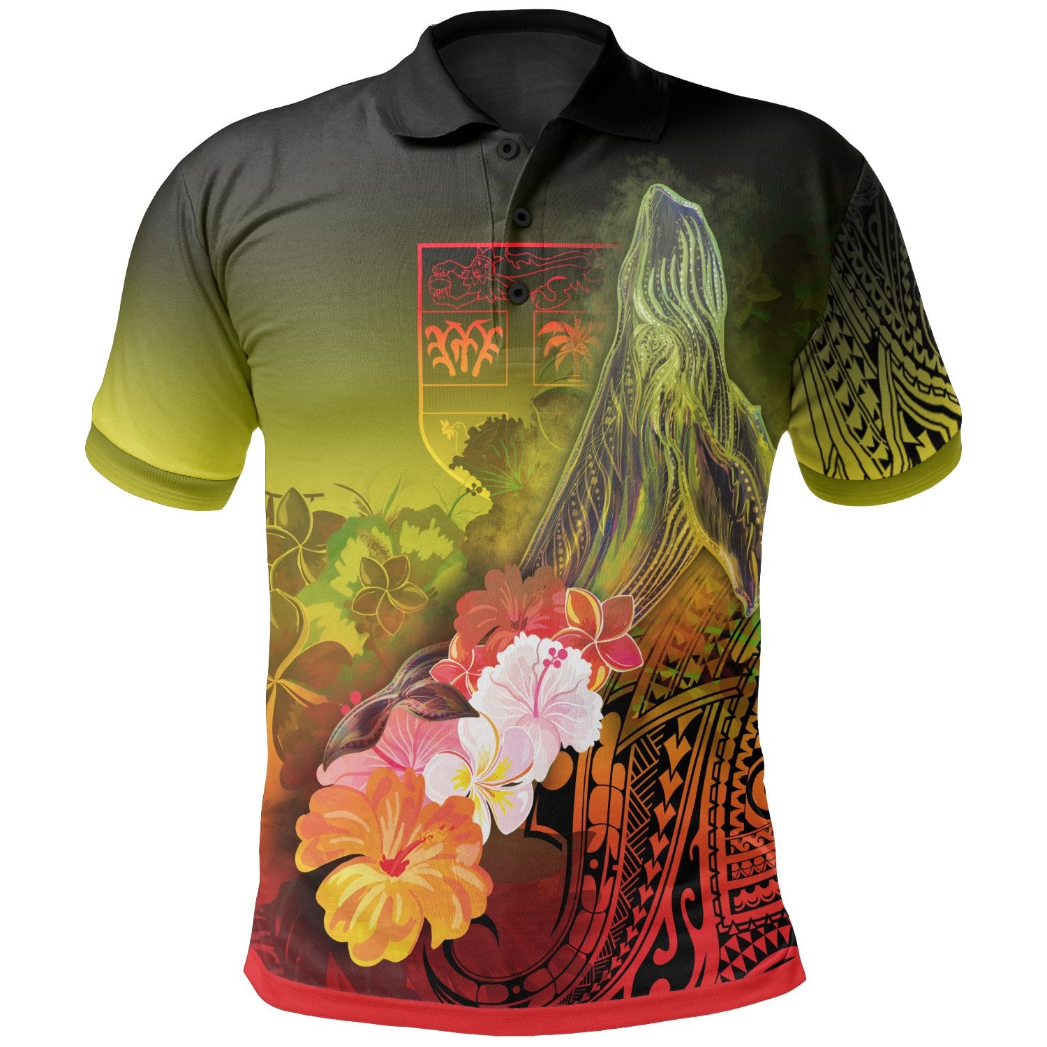 Fiji Polo Shirt Humpback Whale with Tropical Flowers (Yellow) Unisex Yellow - Polynesian Pride