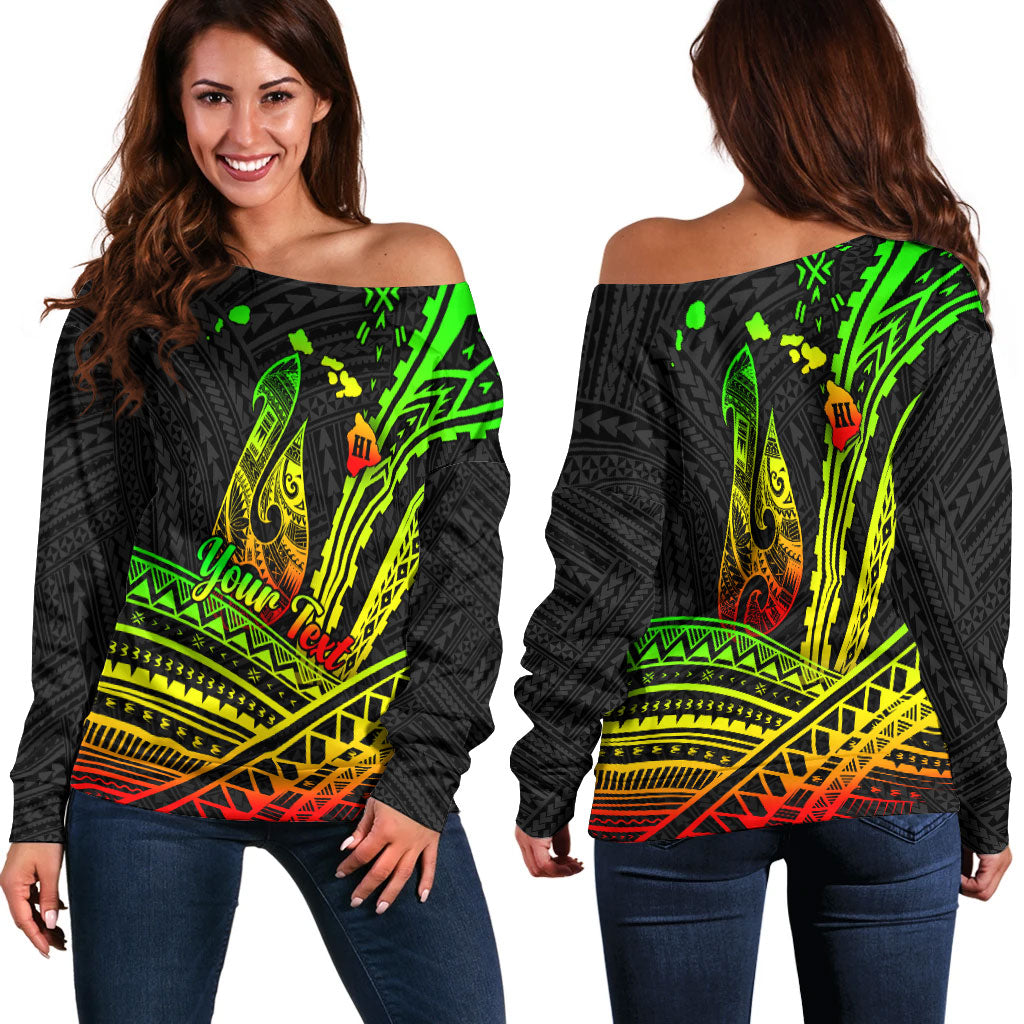 (Custom Personalised) Hawaii Fish Hook Polynesian Tribal Reggae Women Off Shoulder Sweater - LT12 Reggae - Polynesian Pride