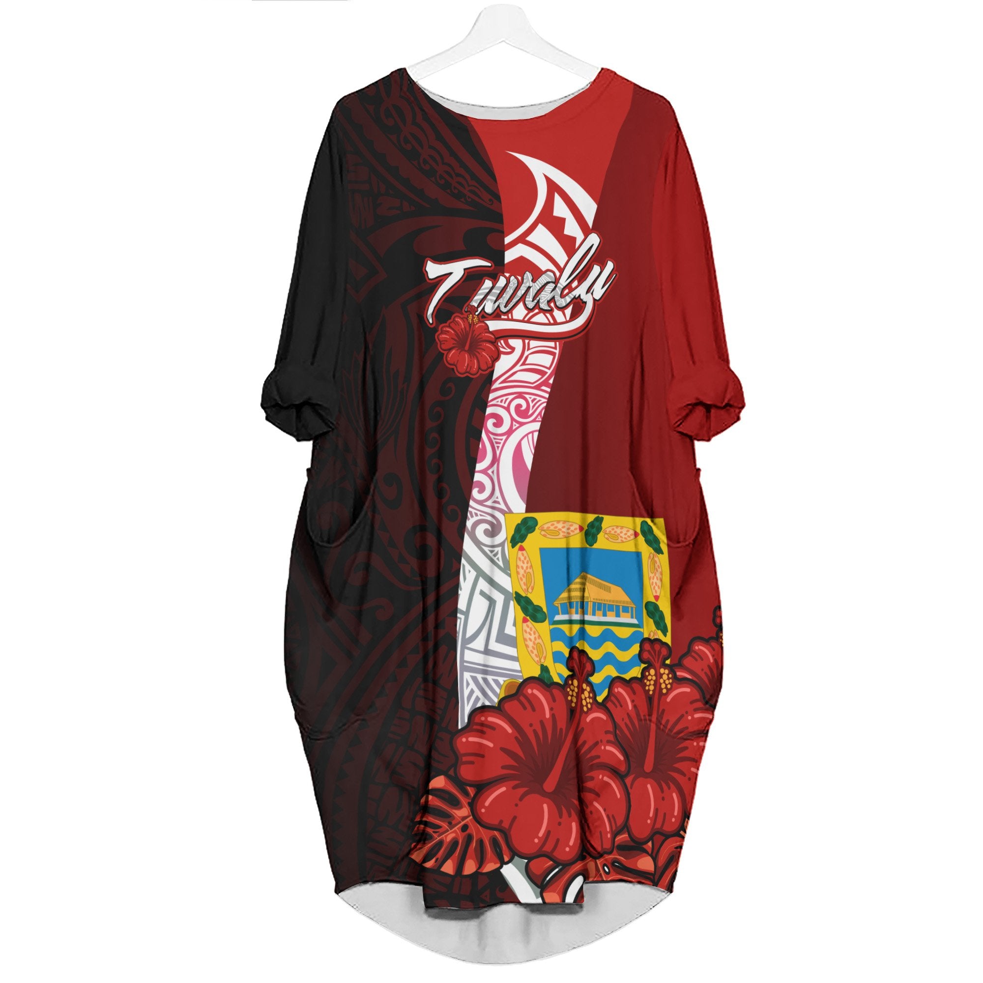 Tuvalu Polynesian Batwing Pocket Dress - Hibiscus With Coat Of Arm Women Black - Polynesian Pride