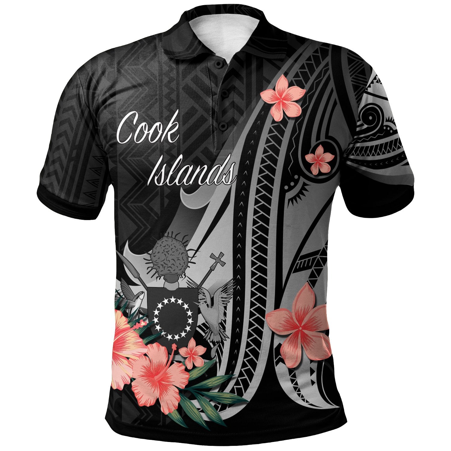 Cook Islands Polo Shirt Polynesian Hibiscus Pattern Style Unisex Black - Polynesian Pride