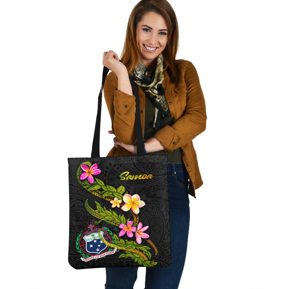 Samoa Polynesian Tote Bag - Plumeria Tribal Tote Bag One Size Black - Polynesian Pride