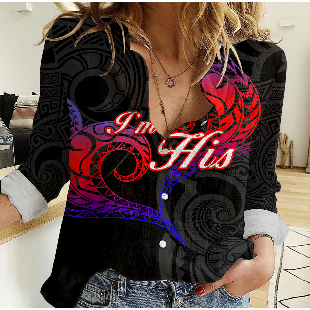 Valentine Day Guam Couple Women Casual Shirt Heart Tribal - LT12 Female Black - Polynesian Pride