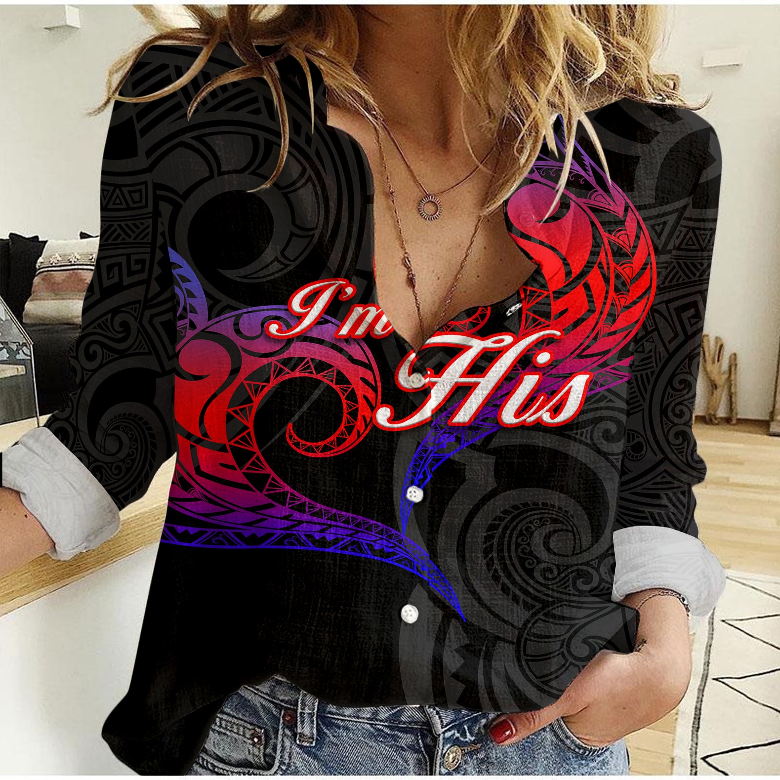 Valentine Day Guam Couple Women Casual Shirt Heart Tribal - LT12 Female Black - Polynesian Pride