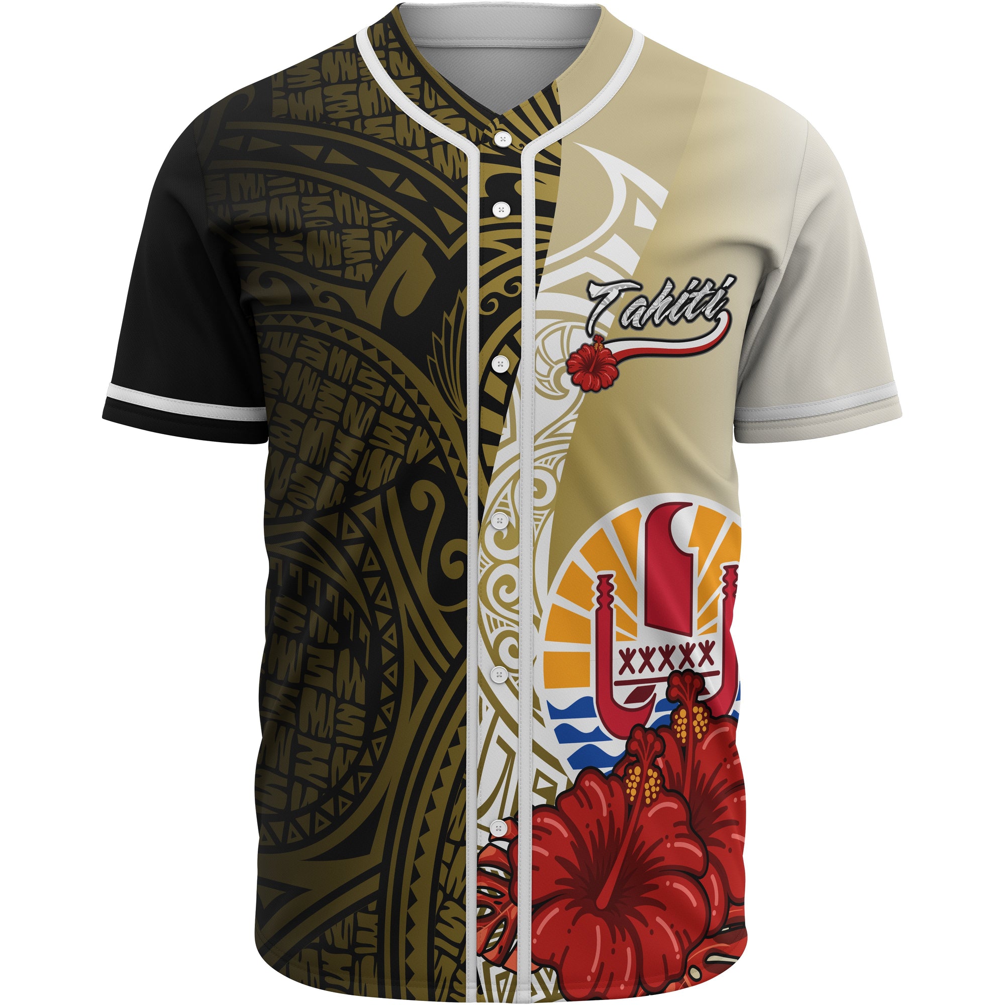 Tahiti Polynesian Baseball Shirt - Coat Of Arm With Hibiscus Gold Unisex Gold - Polynesian Pride