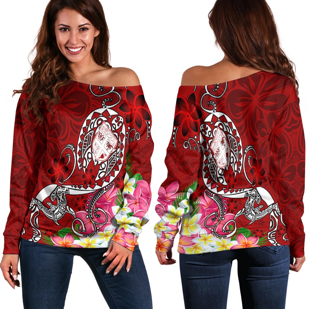 Fiji Women's Off Shoulder Sweater - Turtle Plumeria (Red) Red - Polynesian Pride