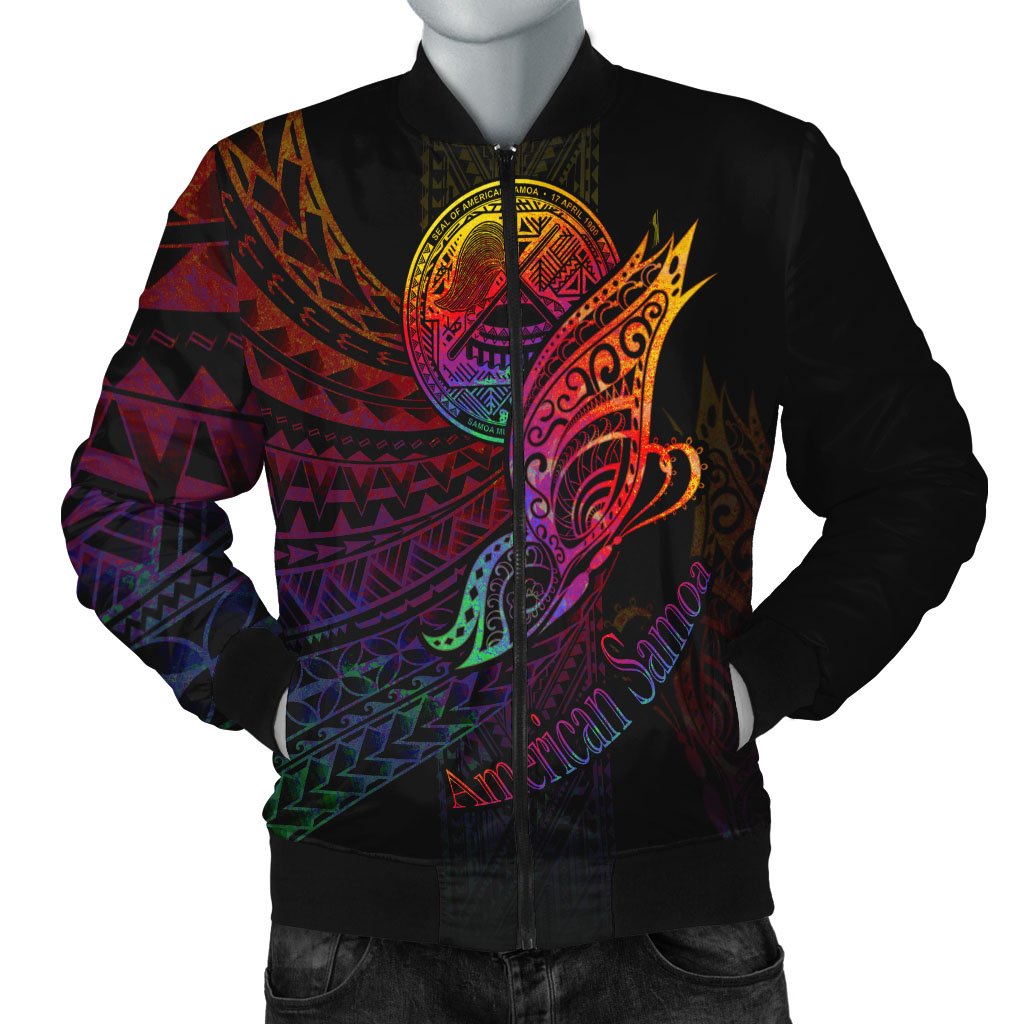 American Samoa Men's Bomber Jacket - Butterfly Polynesian Style Black - Polynesian Pride