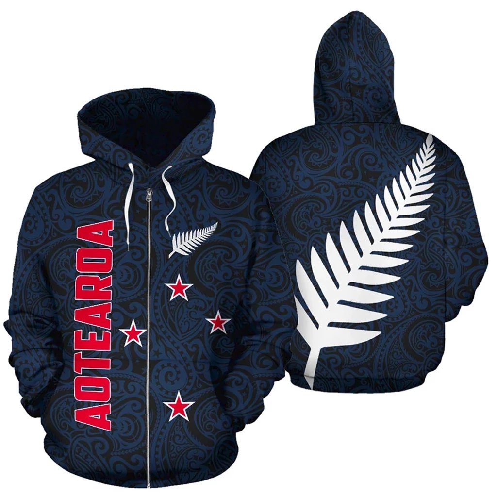 Aotearoa Maori Zip up Hoodie Silver Fern Unisex Black - Polynesian Pride