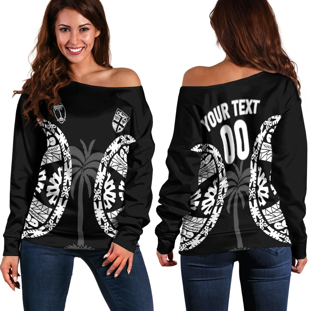 (Custom Personalised) Fiji Rugby Sevens Fijian Tapa Pattern Women Off Shoulder Sweater - LT12 Women Off Shoulder Sweater Black - Polynesian Pride