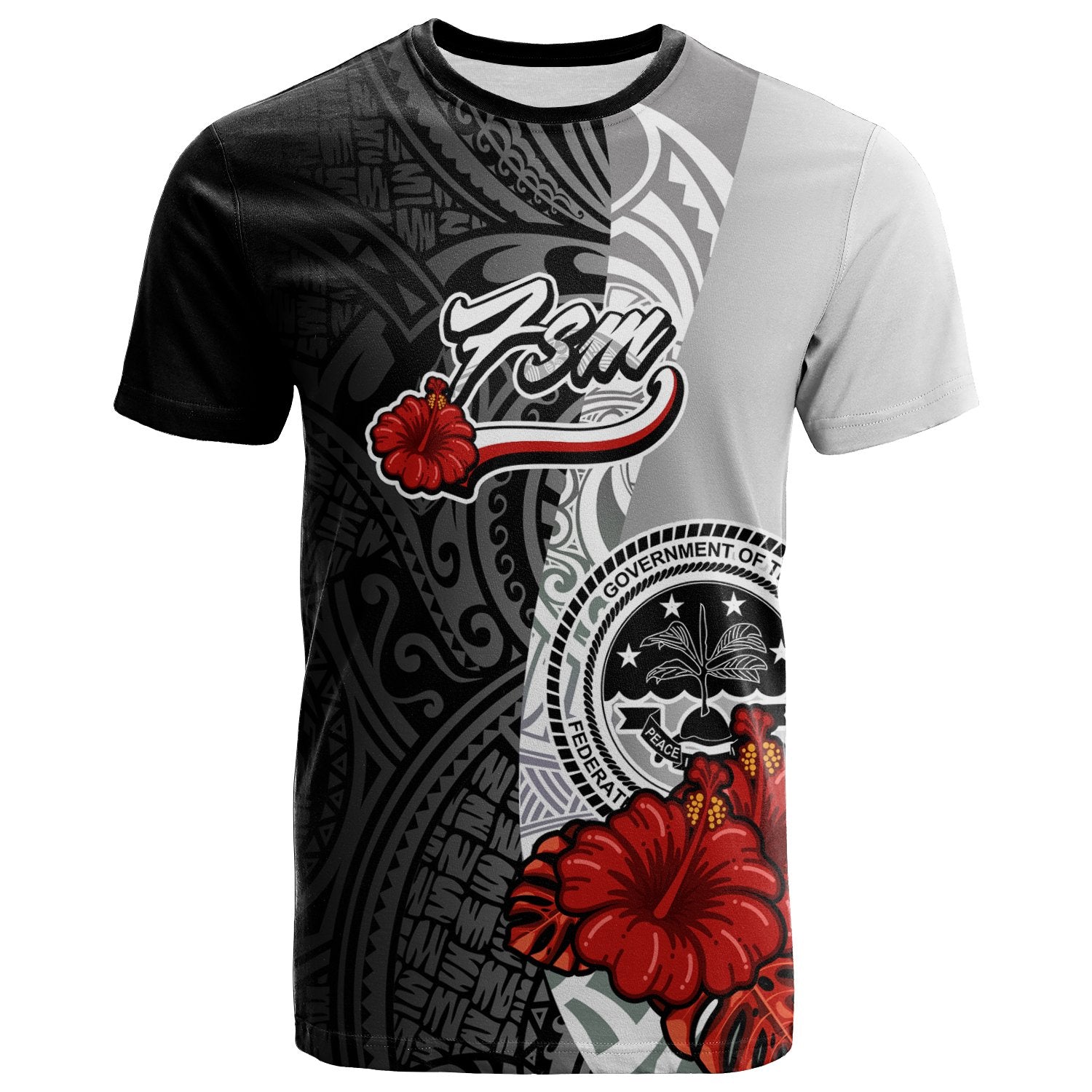 Federated States of Micronesia T Shirt Coat of Arm With Hibiscus White Unisex Art - Polynesian Pride