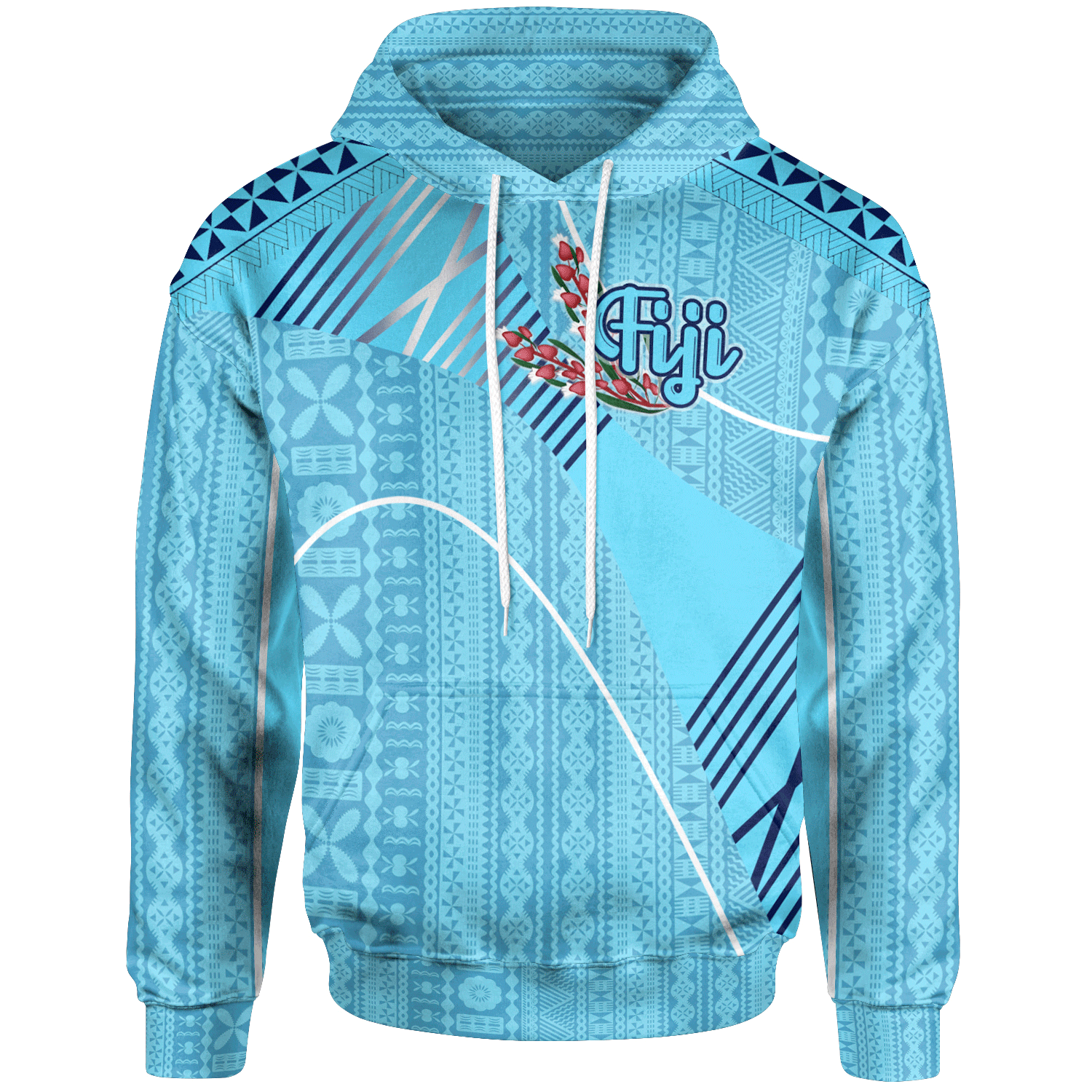 Fiji Hoodie Fiji Flowers With Seal Flag Color Unisex Blue - Polynesian Pride