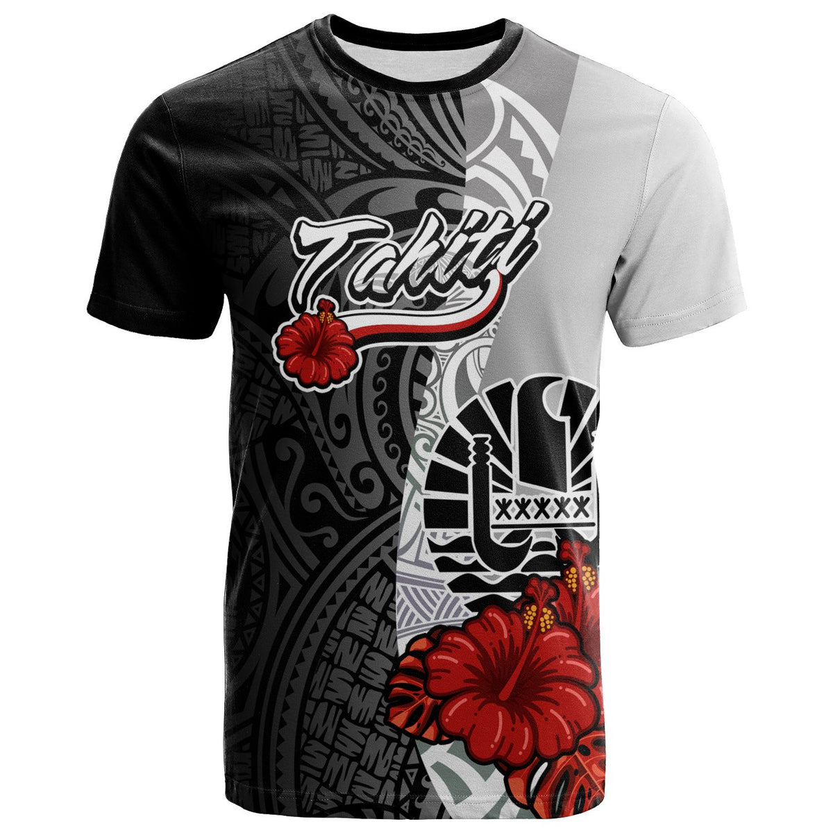 Tahiti Polynesian T Shirt Coat of Arm With Hibiscus White Unisex Art - Polynesian Pride