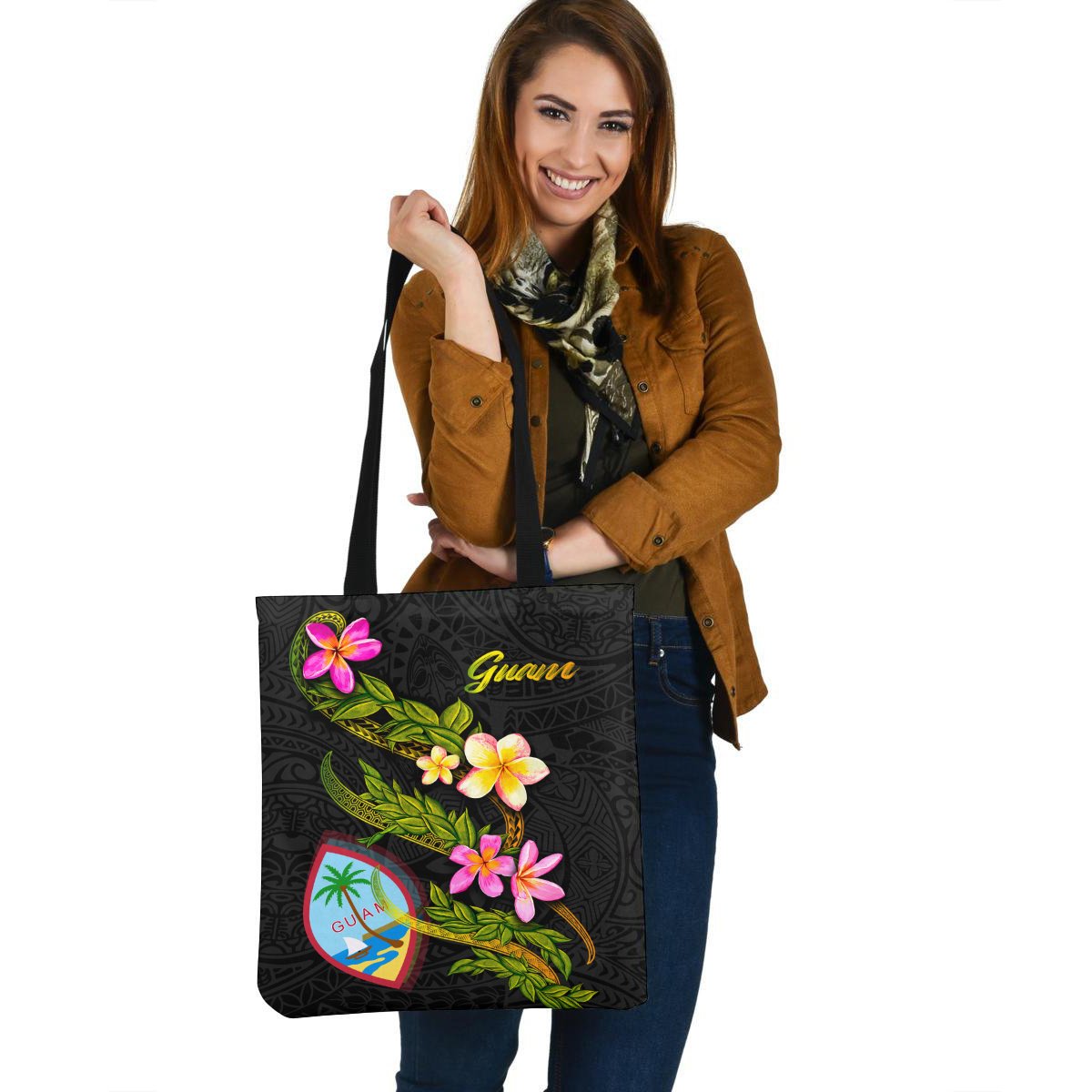 Guam Polynesian Tote Bag - Plumeria Tribal Tote Bag One Size Black - Polynesian Pride