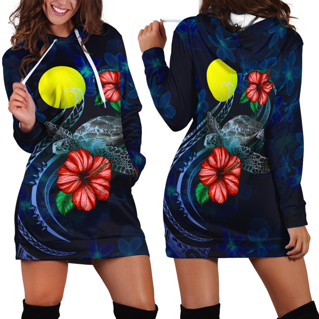 Palau Polynesian Hoodie Dress - Blue Turtle Hibiscus Blue - Polynesian Pride