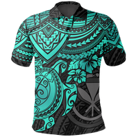 Hawaii Polo Shirt Kanaka Maoli Turquoise Turtle Hibiscus Unisex BLUE - Polynesian Pride