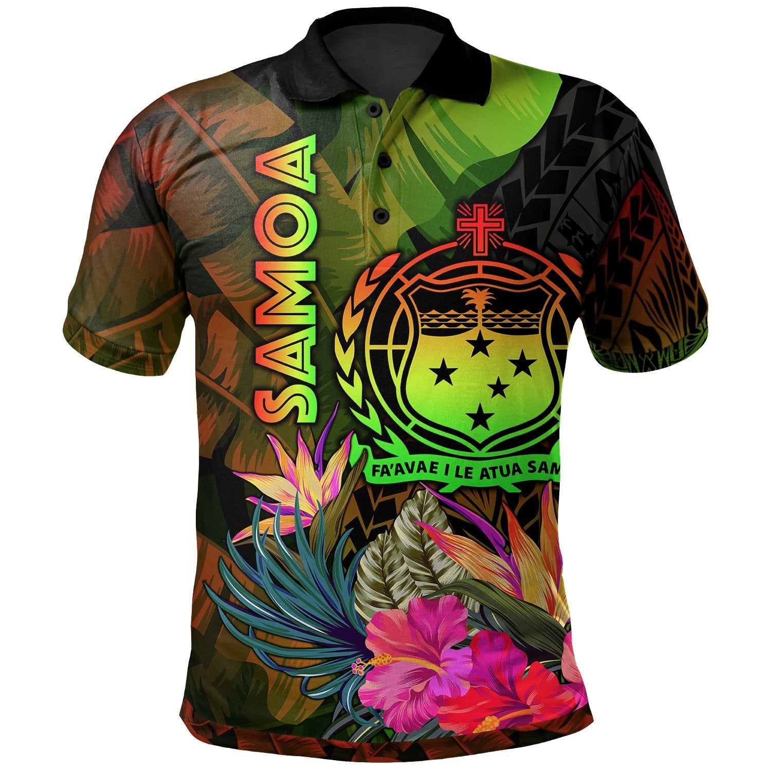 Samoa Polynesian Polo Hibiscus and Banana Leaves Unisex Reggae - Polynesian Pride