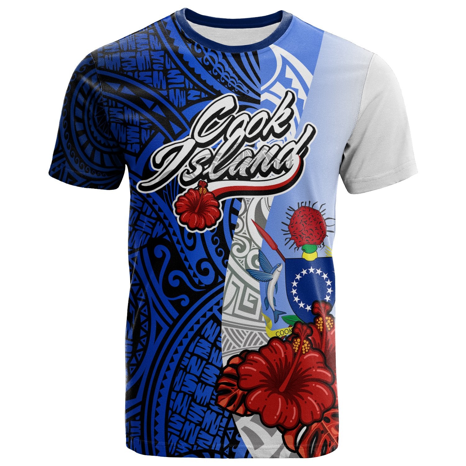 Cook Islands Polynesian T Shirt Coat of Arm With Hibiscus Blue Unisex Blue - Polynesian Pride