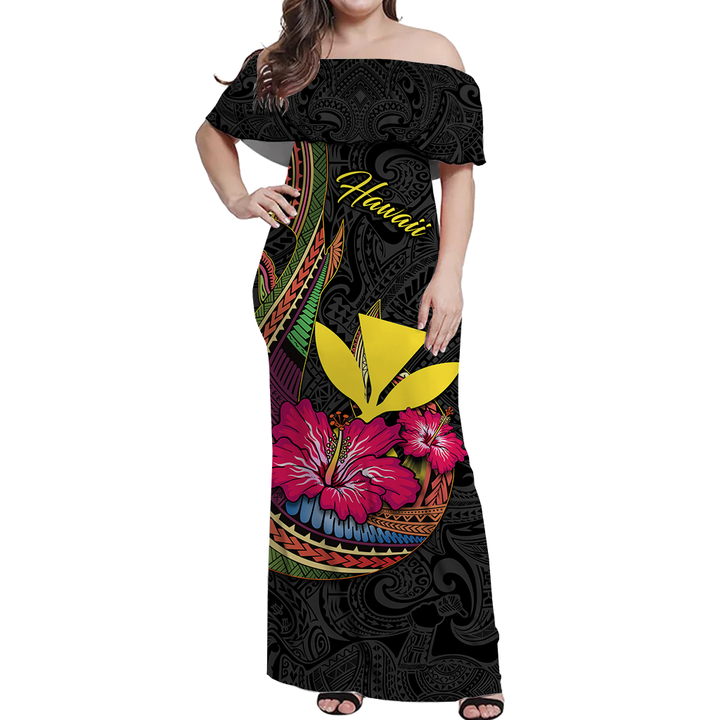 Hawaii Polynesian Fish Hook Hibiscus Women Off Shoulder Dress - LT12 Long Dress Black - Polynesian Pride