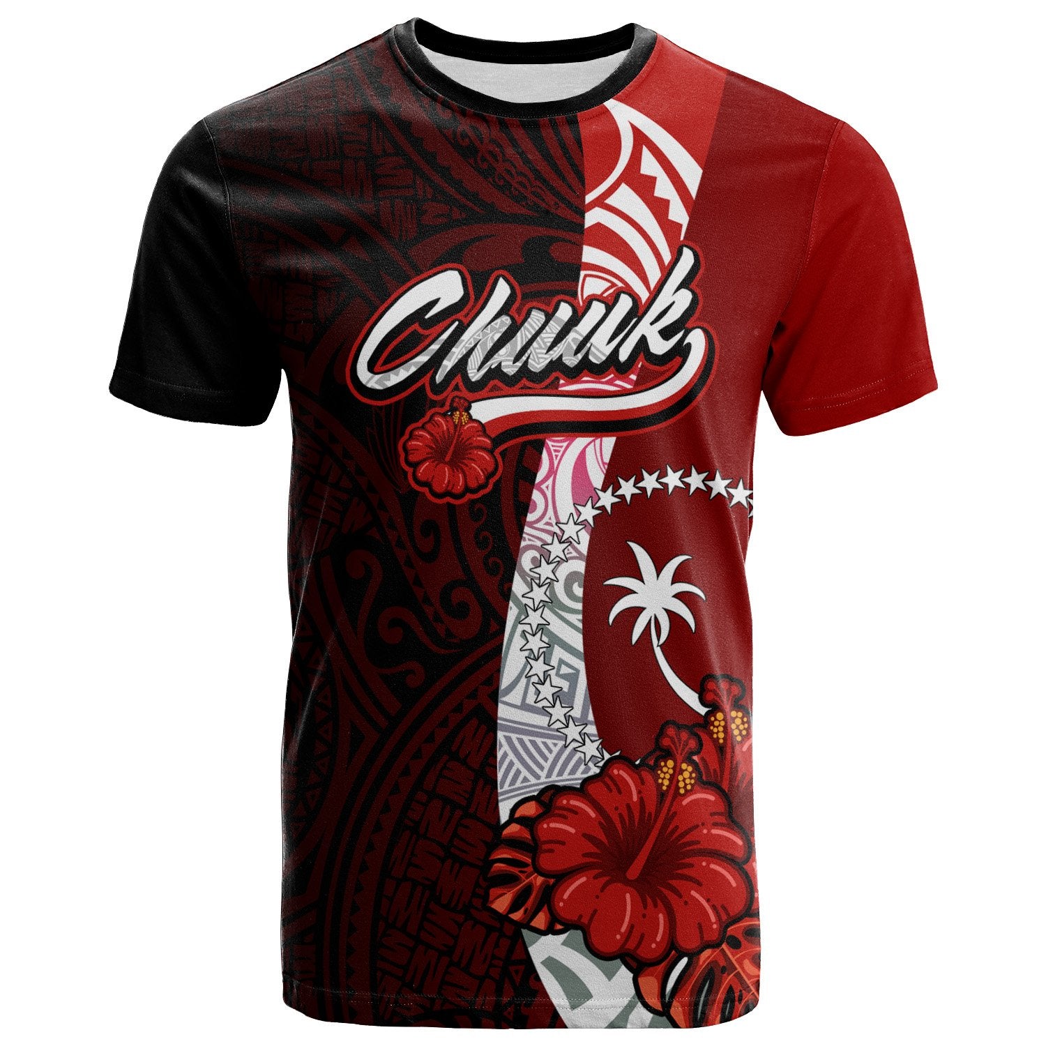 Chuuk Micronesia T Shirt Coat of Arm With Hibiscus Unisex Red - Polynesian Pride