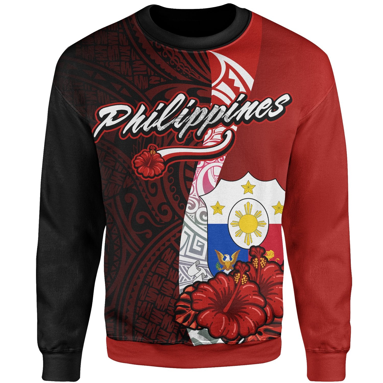 Philippines Polynesian Sweater - Coat Of Arm With Hibiscus Unisex Red - Polynesian Pride