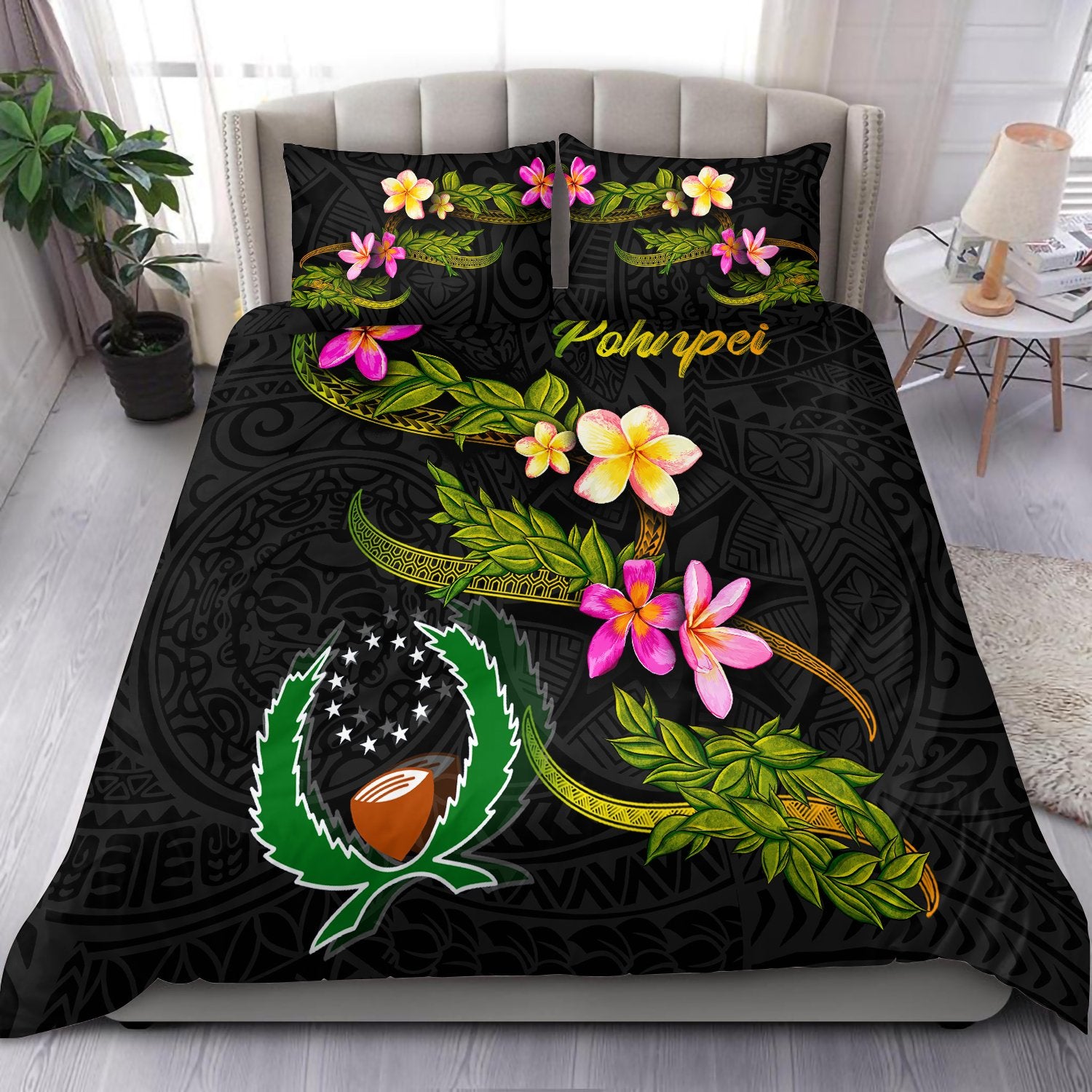 Pohnpei Polynesian Bedding Set - Plumeria Tribal Black - Polynesian Pride