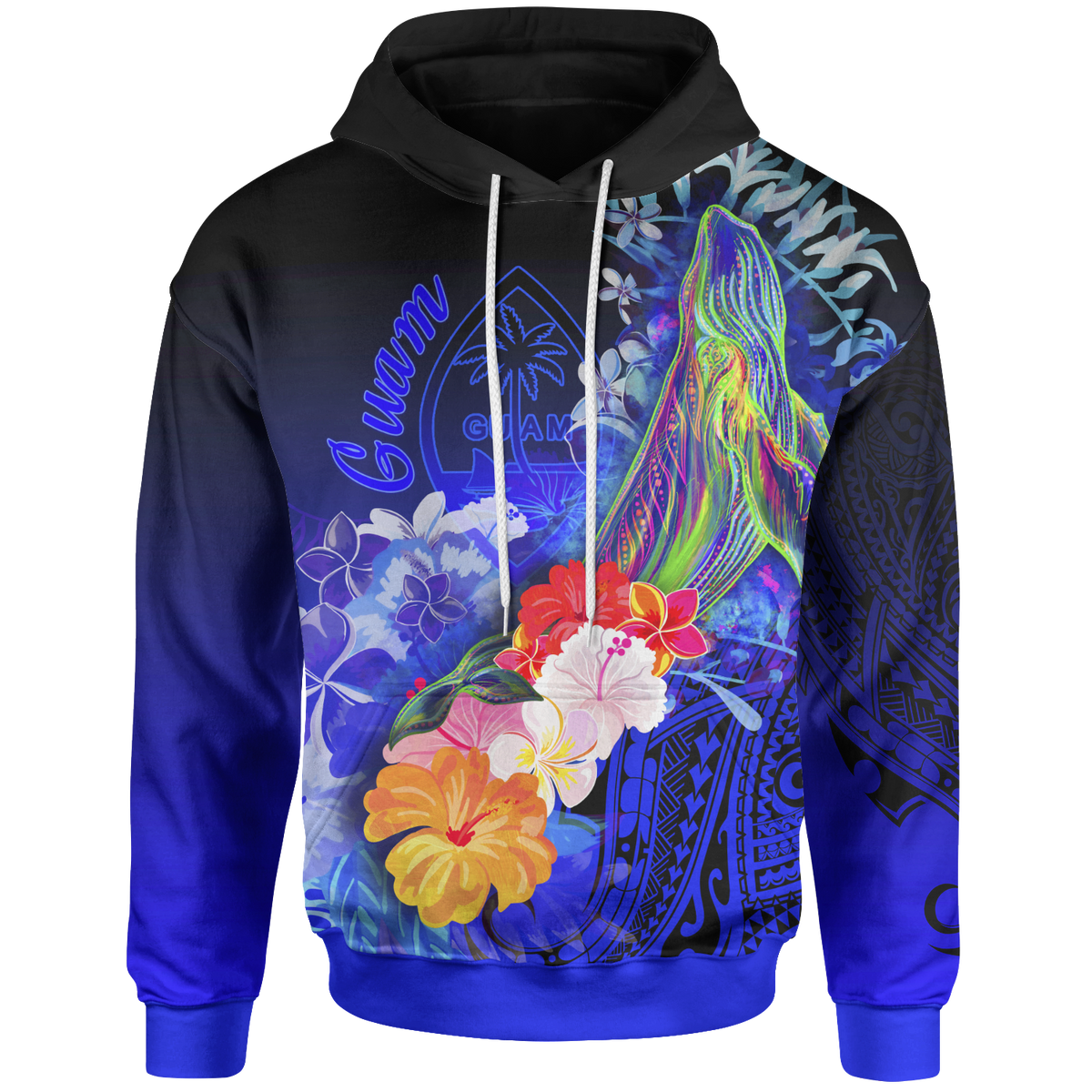 Guam Hoodie Humpback Whale with Tropical Flowers (Blue) Unisex Blue - Polynesian Pride