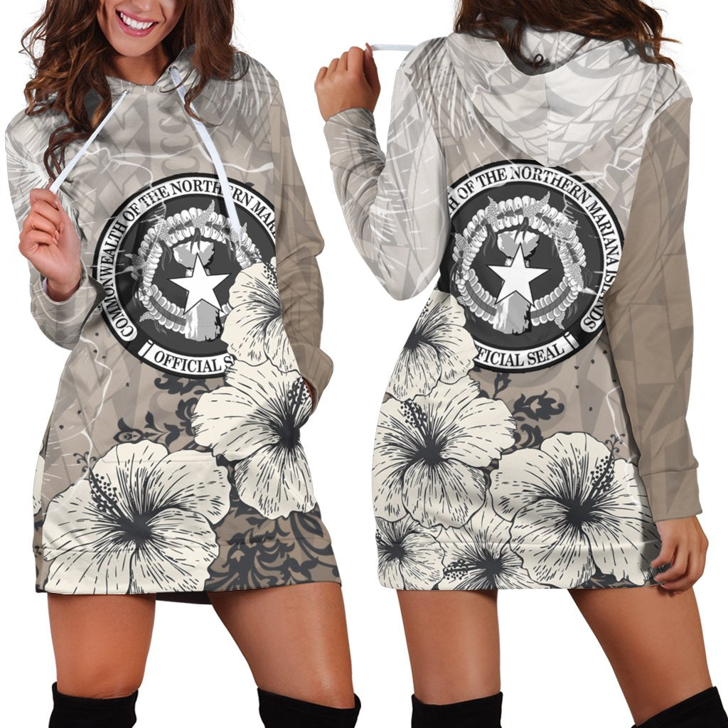 Northern Mariana Islands Hoodie Dress - Vintage Luxury Floral Style Nude - Polynesian Pride