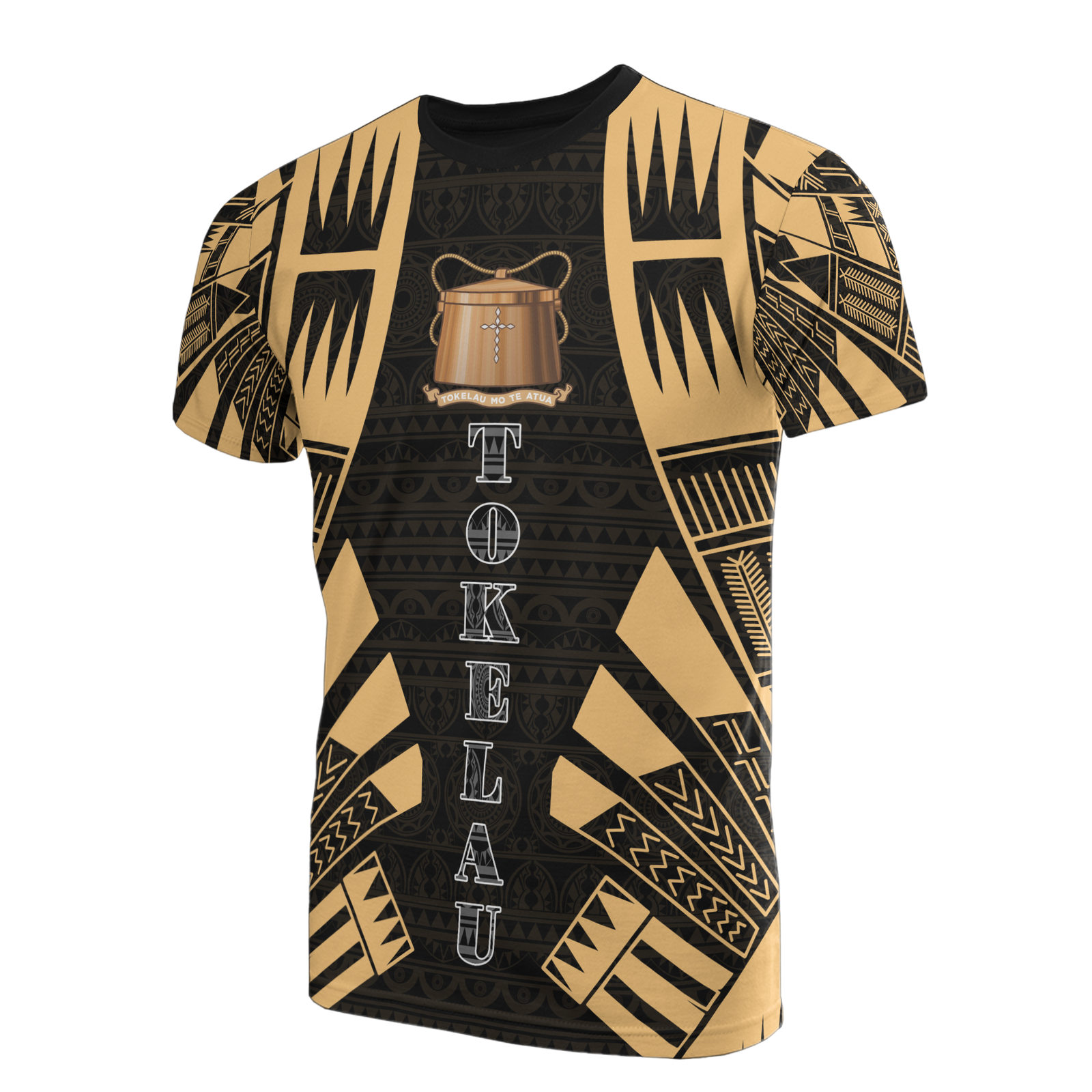 Tokelau T Shirt Tokelauan Coat of Arms Polynesian Tattoo Gold Style Unisex Black-Gold - Polynesian Pride