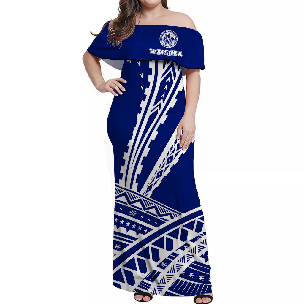 Hawaii Waiakea High School Tattoo Tribal Off Shoulder Dress Ver05 - LT12 Long Dress Blue - Polynesian Pride