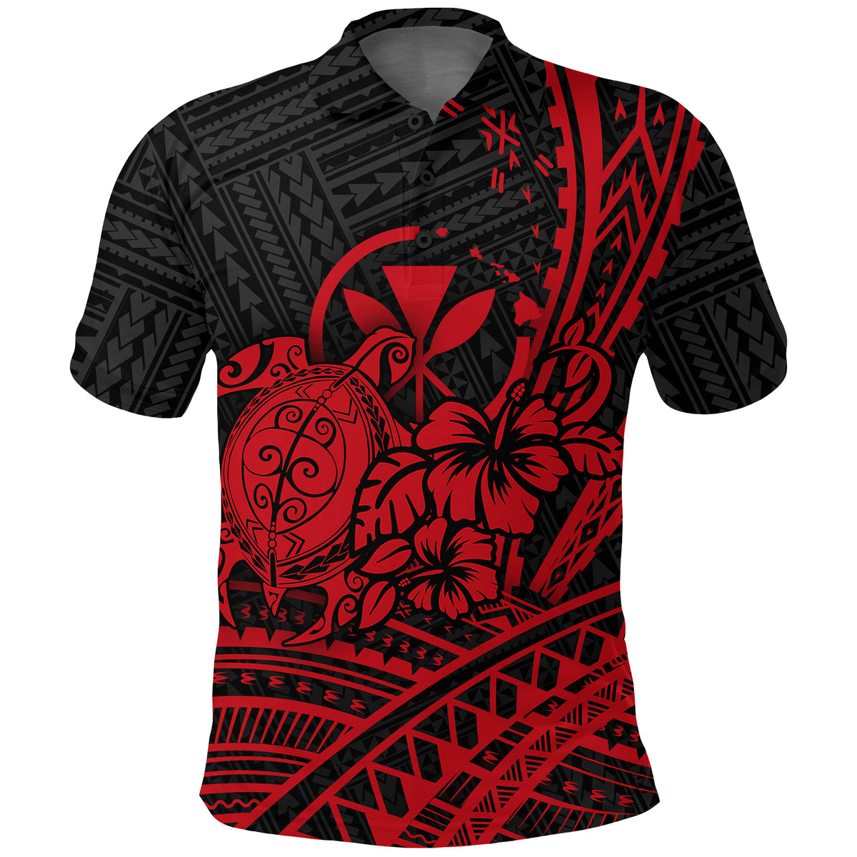 Hawaii Turtle With Hibiscus Tribal Red Polo Shirt KID - LT12 - Polynesian Pride