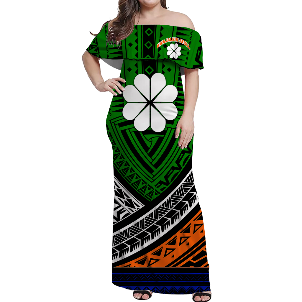 Kwajalein Atoll Tribal Pattern Women Off Shoulder Long Dress - LT12 Long Dress Green - Polynesian Pride