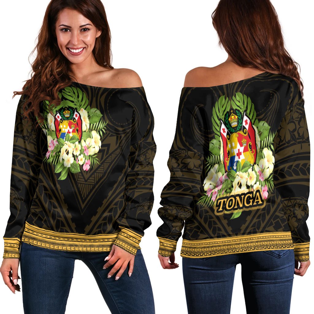 Tonga Women's Off Shoulder Sweater - Polynesian Gold Patterns Collection Black - Polynesian Pride