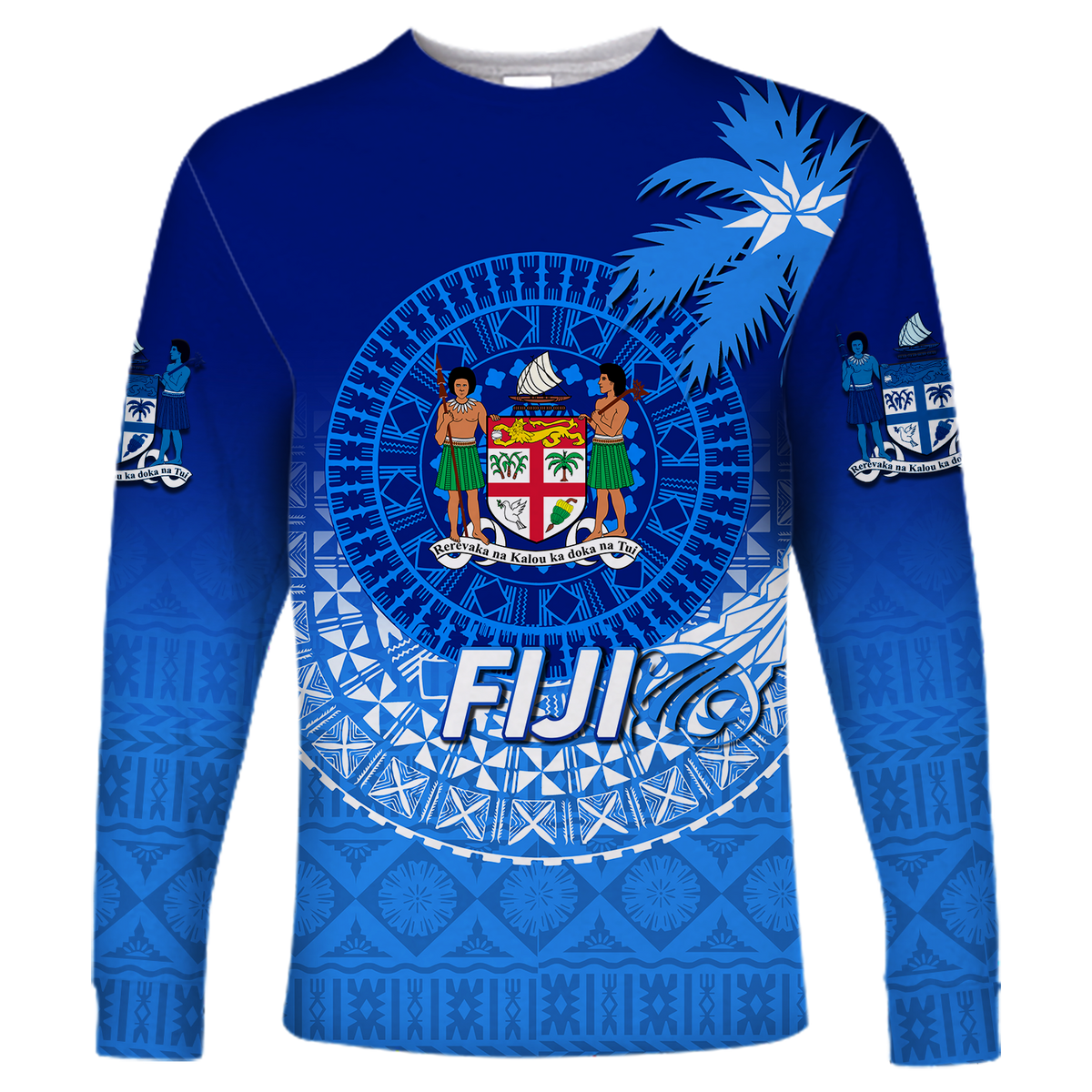Fiji Tapa Tribal Coconut Tree Long Sleeve Shirt - LT12 Unisex Blue - Polynesian Pride