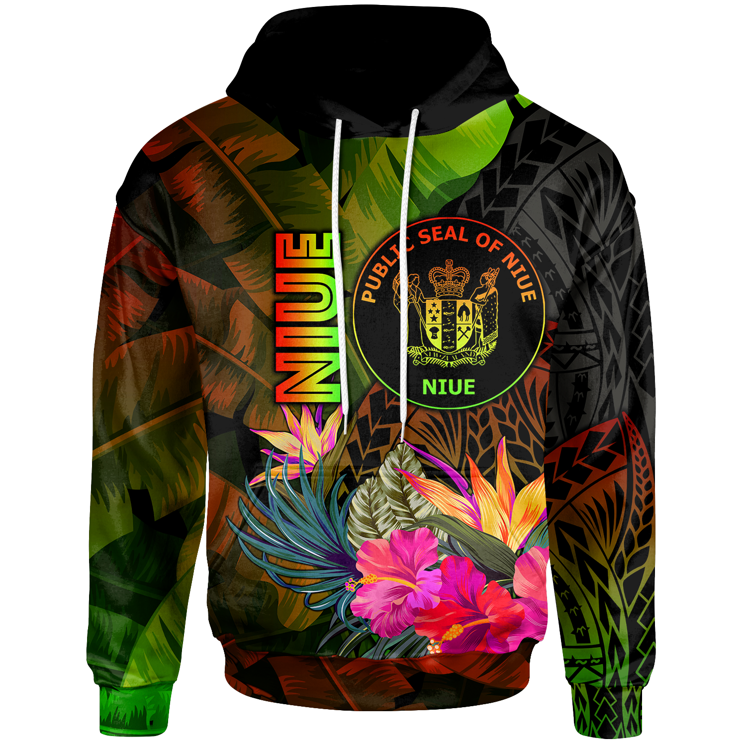 Niue Polynesian Hoodie Hibiscus and Banana Leaves Unisex Reggae - Polynesian Pride