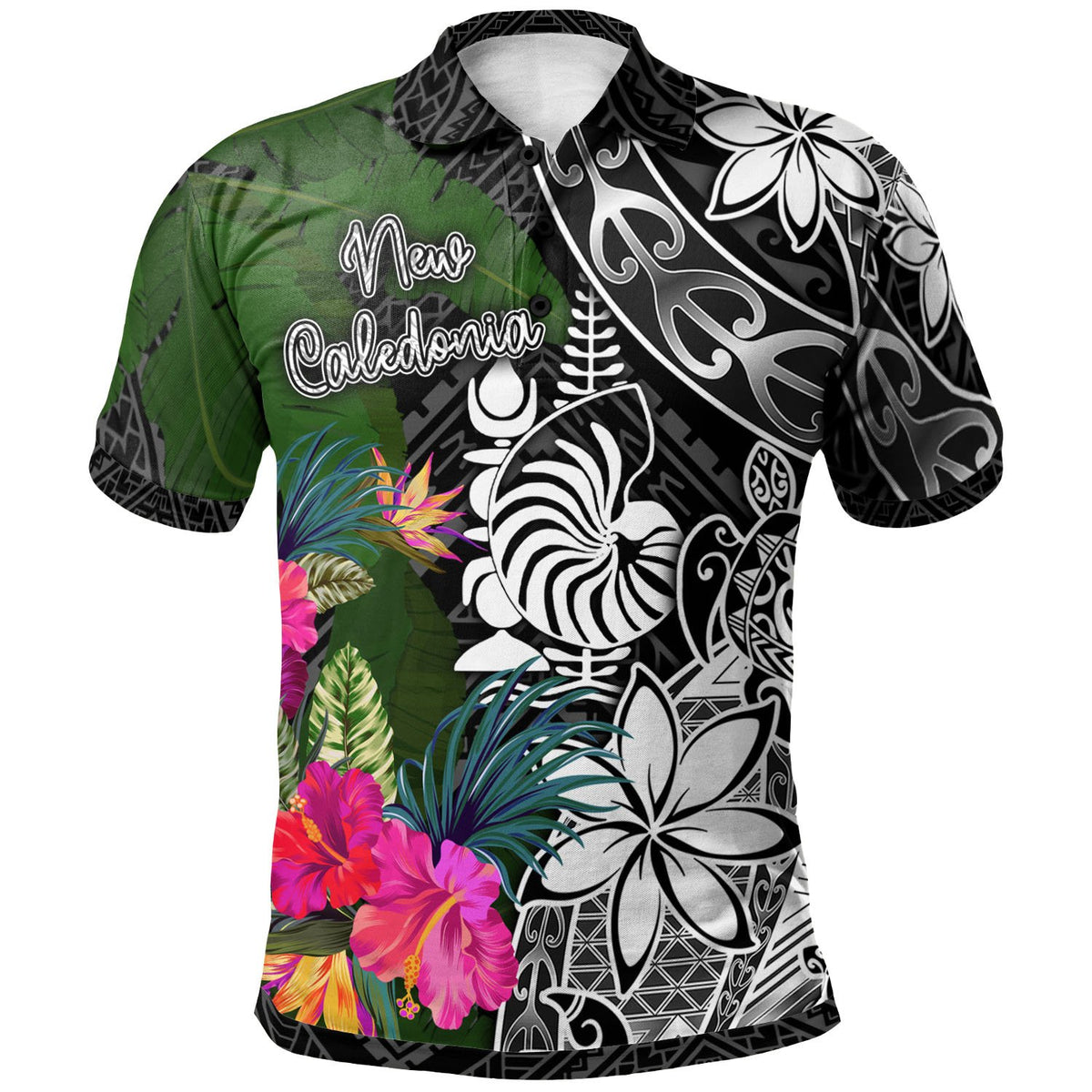 New Caledonia Polo Shirt Turtle Plumeria Banana Leaf Crest Unisex Black - Polynesian Pride