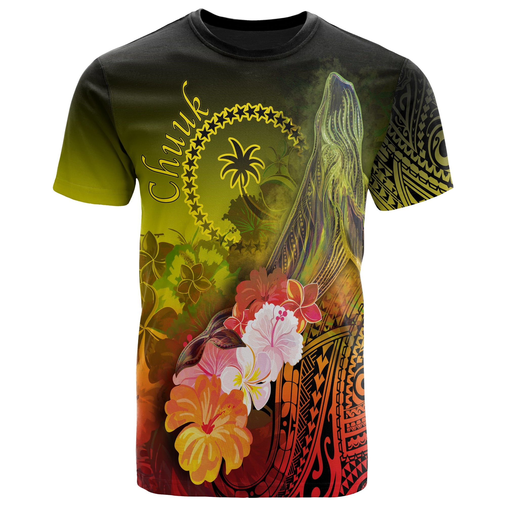 Chuuk T Shirt Humpback Whale with Tropical Flowers (Yellow) Unisex Yellow - Polynesian Pride