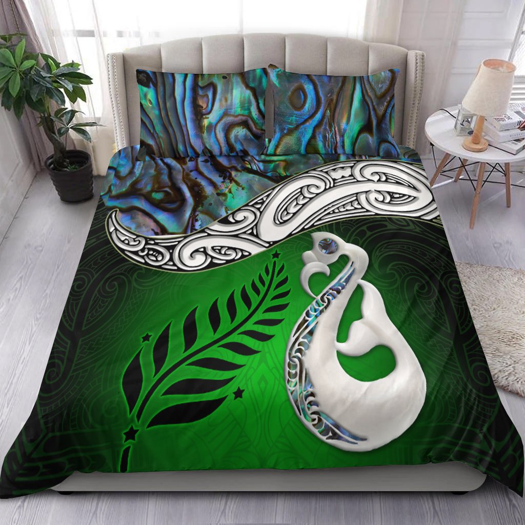 New Zealand Maori Bedding Set Silver Fern - Manaia Paua Shell Glitter Green LT4 Green - Polynesian Pride