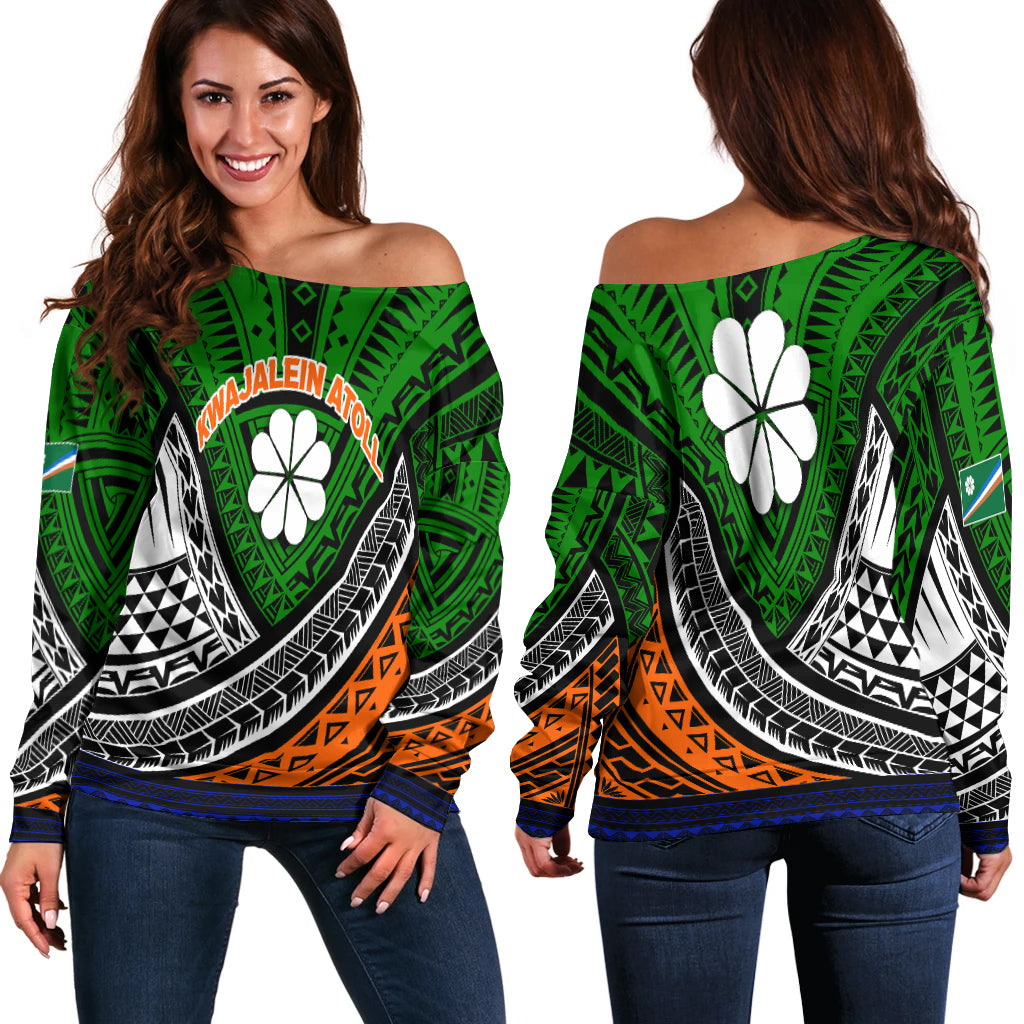 Kwajalein Atoll Tribal Pattern Women Off Shoulder Sweater - LT12 Women Off Shoulder Sweater Green - Polynesian Pride
