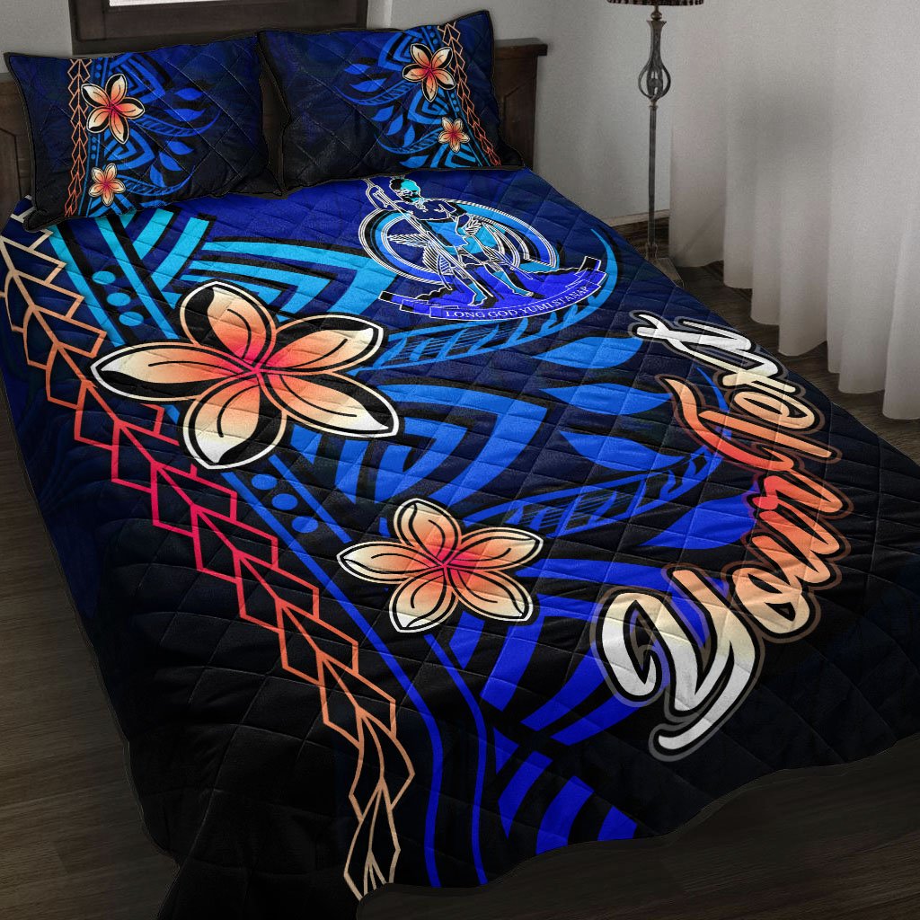 Vanuatu Custom Personalised Quilt Bed Set - Vintage Tribal Mountain Blue - Polynesian Pride