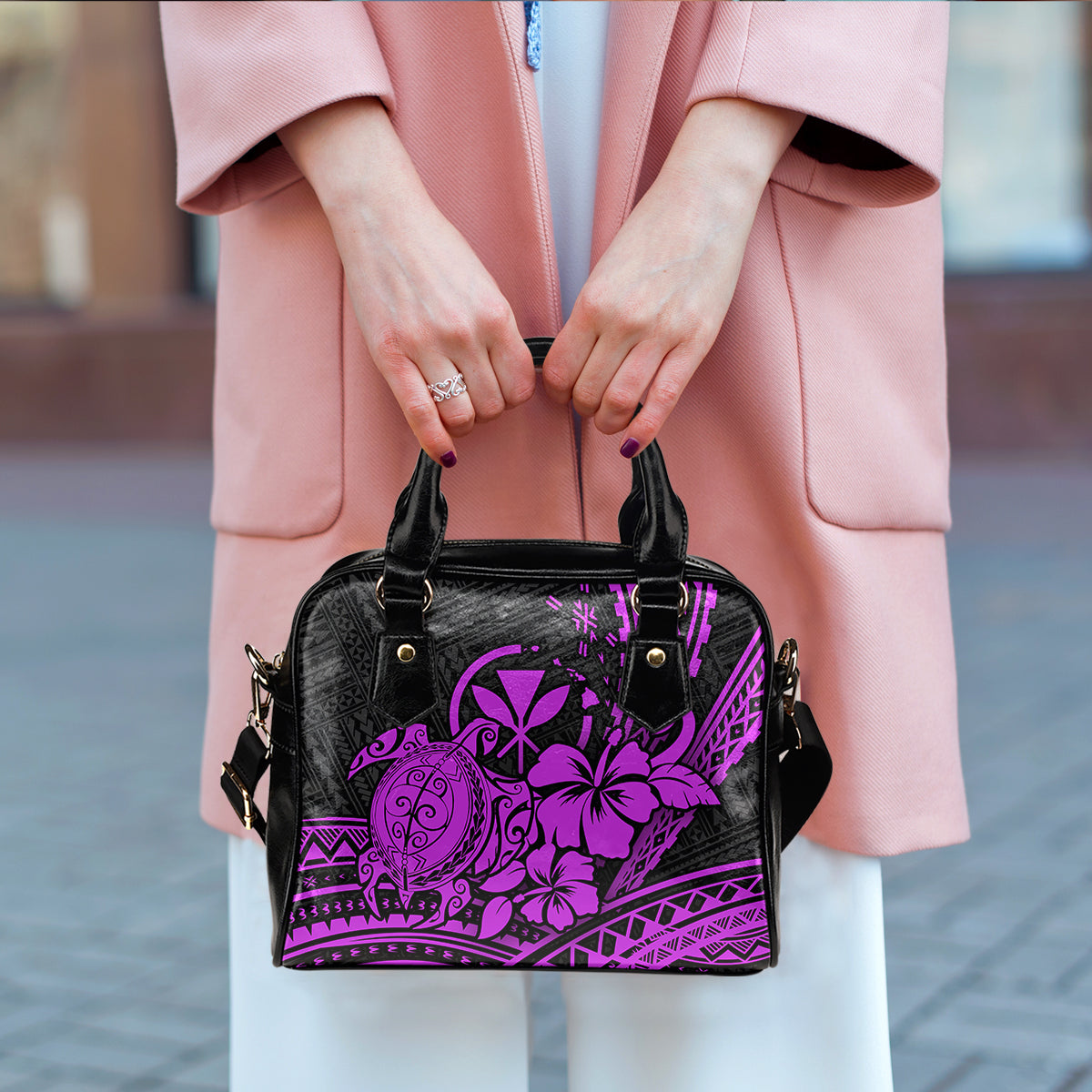 Hawaii Turtle With Hibiscus Tribal Purple Shoulder Handbag - LT12 One Size Purple - Polynesian Pride