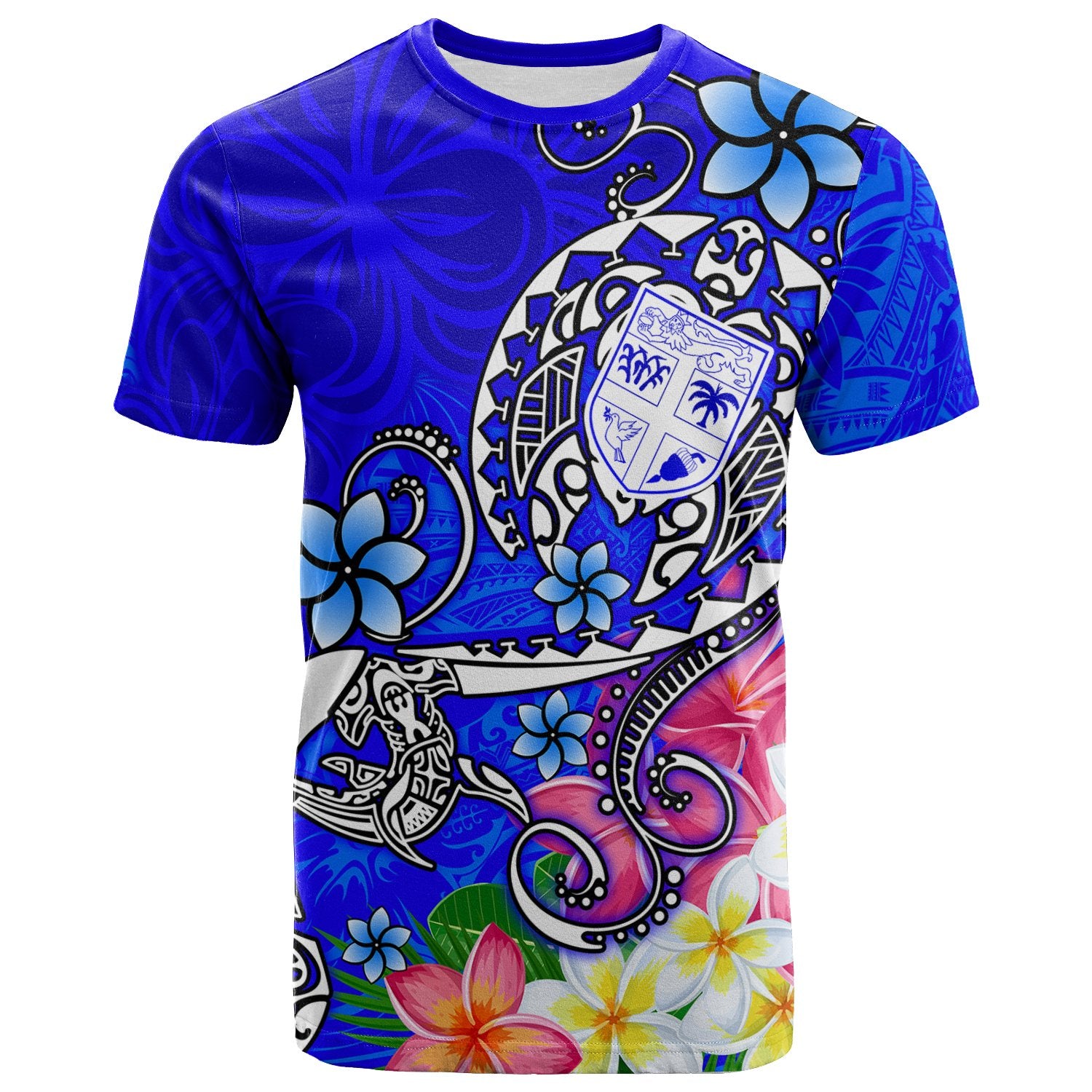 Fiji T Shirt Turtle Plumeria (Blue) Unisex Blue - Polynesian Pride