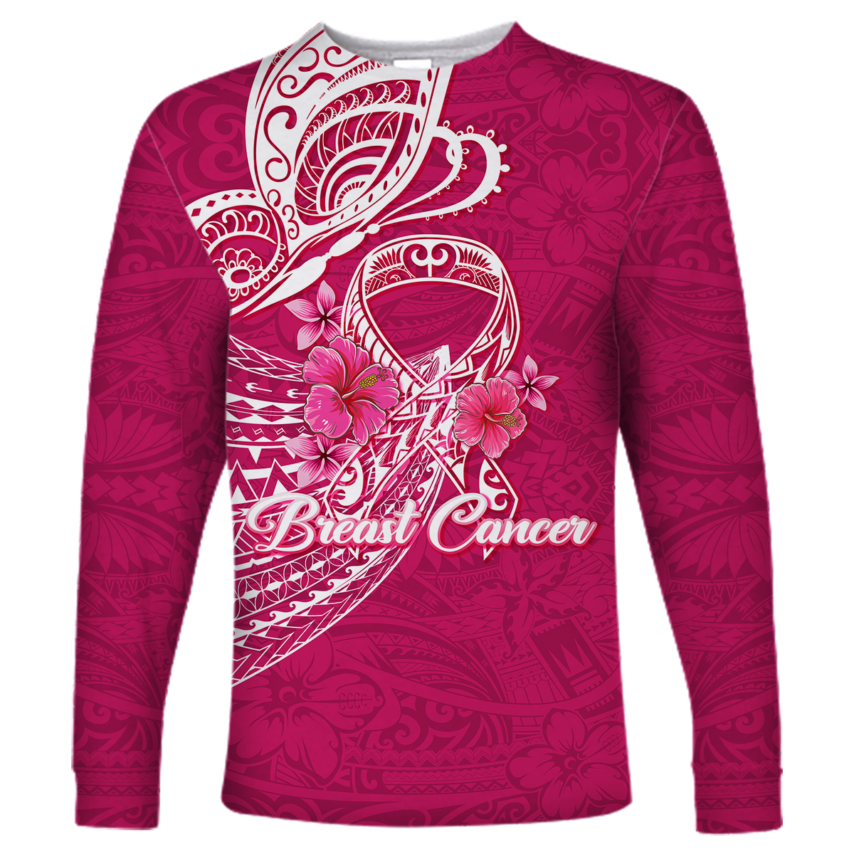 (Custom Personalised) Breast Cancer Pink Ribbon Butterfly Polynesian Pink Version Long Sleeve Shirt - LT12 Unisex Pink - Polynesian Pride