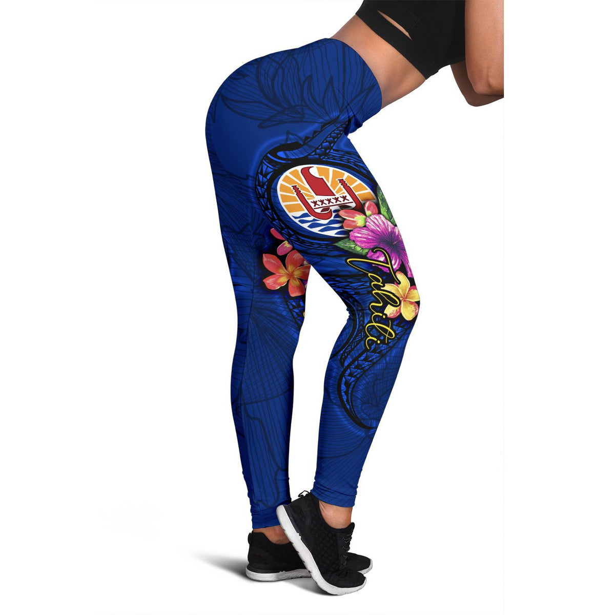 Tahiti Polynesian Women's Leggings - Floral With Seal Blue - Polynesian Pride