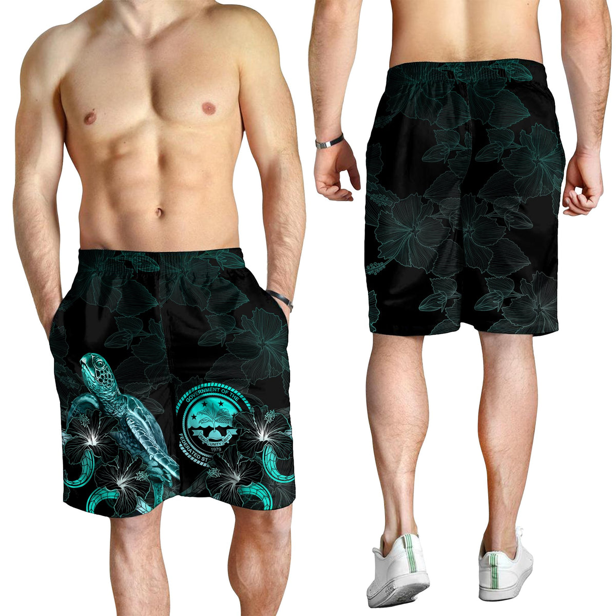Federated States of Micronesia Polynesian Men's Shorts - Turtle With Blooming Hibiscus Turquoise - Polynesian Pride