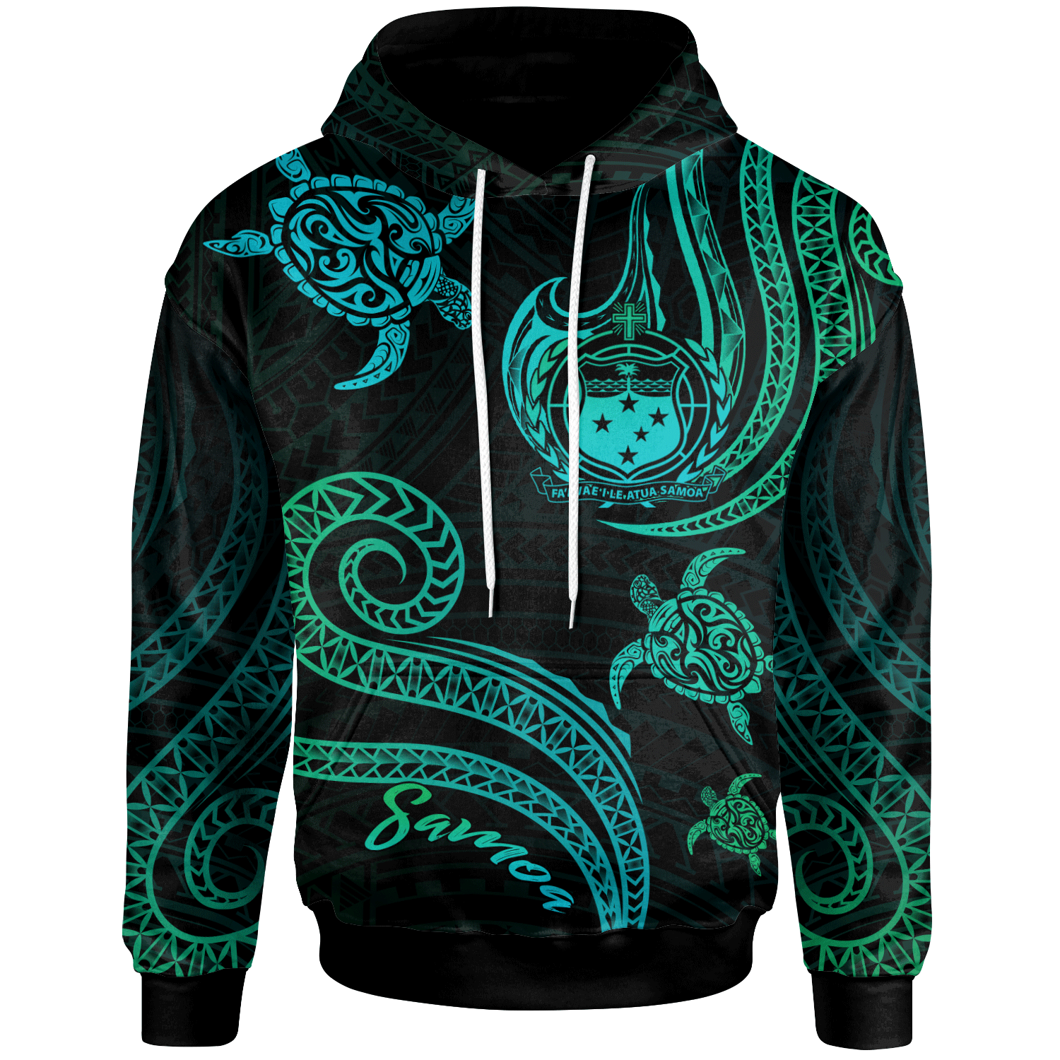 Samoa Hoodie Polynesian Turtle With Pattern Unisex Blue Green - Polynesian Pride