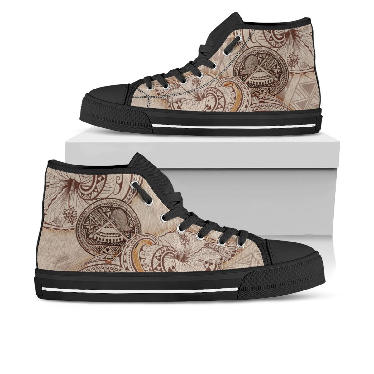 American Samoa High Top Shoes - Hibiscus Flowers Vintage Style Unisex Black - Polynesian Pride