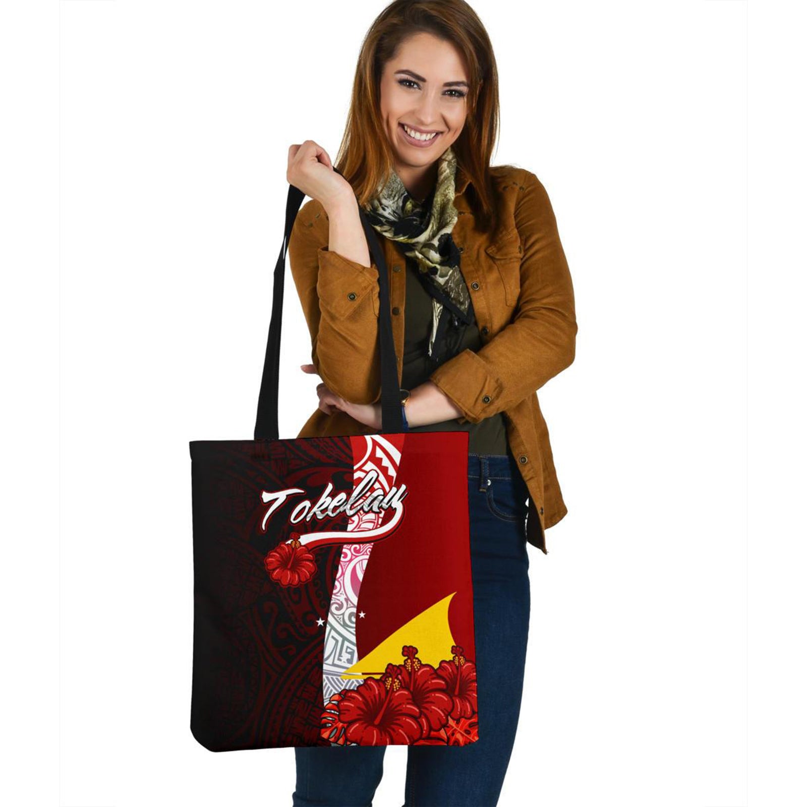 Tokelau Polynesian Tote Bag - Coat Of Arm With Hibiscus Tote Bag One Size Red - Polynesian Pride