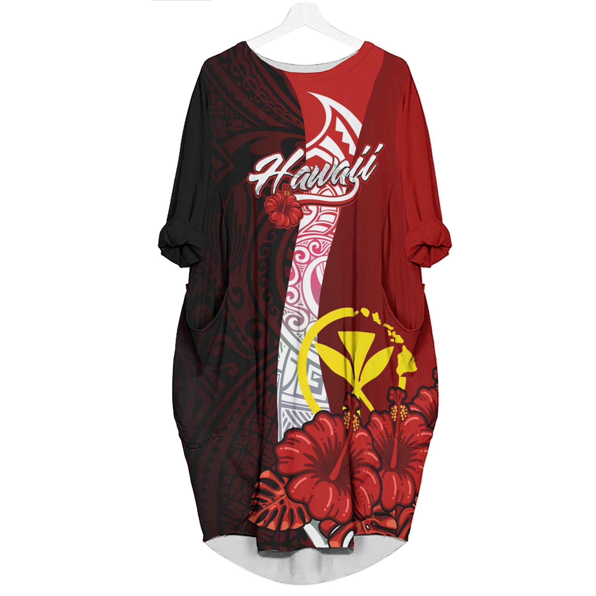 Hawaii Polynesian Batwing Pocket Dress - Hibiscus With Coat Of Arm Women Gold - Polynesian Pride