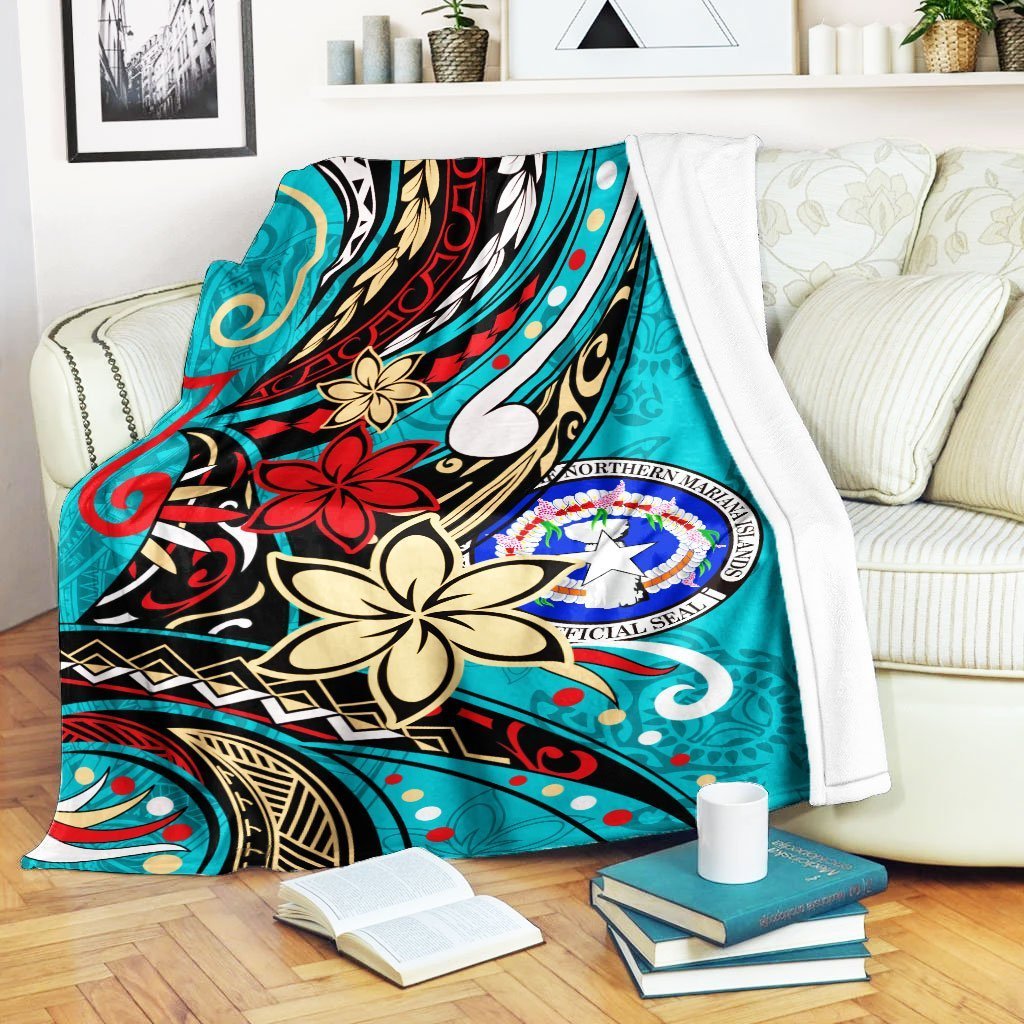 Northern Mariana Islands Premium Blanket - Tribal Flower With Special Turtles Blue Color White - Polynesian Pride