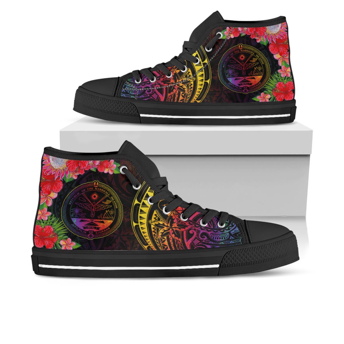 Marshall Islands High Top Shoes - Tropical Hippie Style Unisex Black - Polynesian Pride